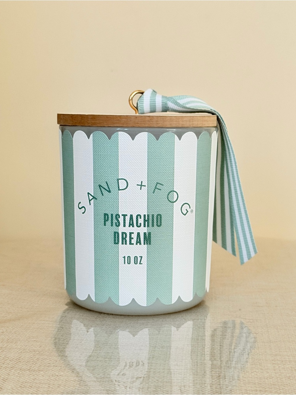 Sand + Fog Pistachio Dream Green White Stripe Candle 10 oz